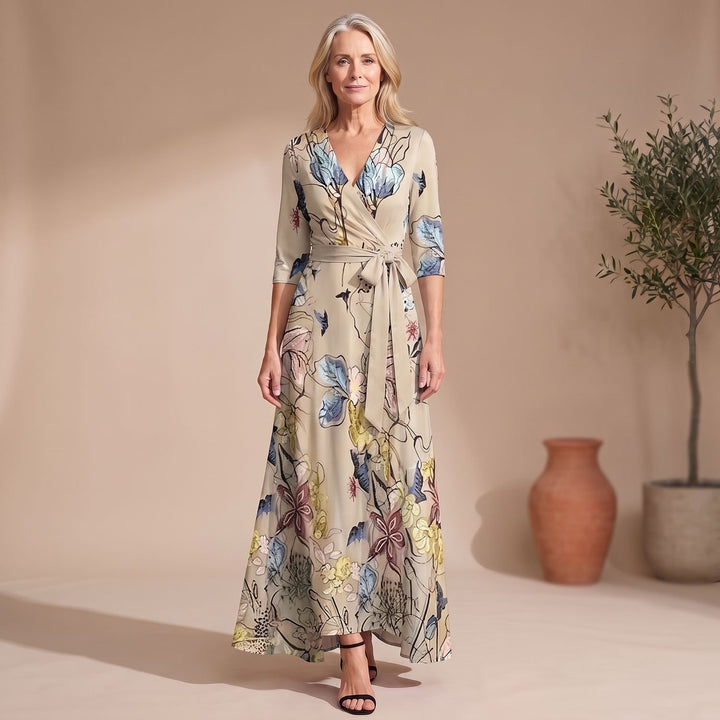 Women's Floral Wrap Maxi Dress V-Neck 3/4 Sleeve A-Line - Champagne