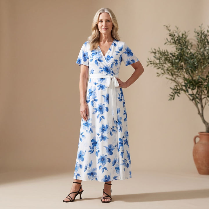 Women's Floral Wrap Maxi Dress V-Neck 3/4 Sleeve A-Line - Blue