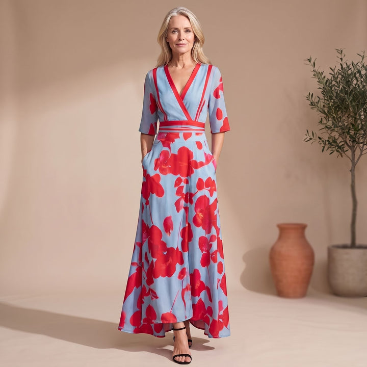Women's Floral Wrap Maxi Dress V-Neck 3/4 Sleeve A-Line - Blue Red