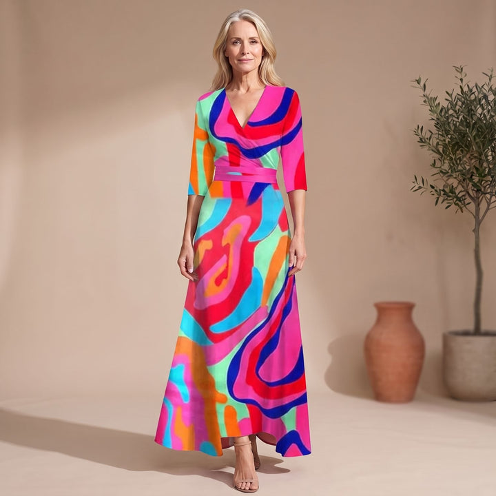 Women's Floral Wrap Maxi Dress V-Neck 3/4 Sleeve A-Line - Multicolor