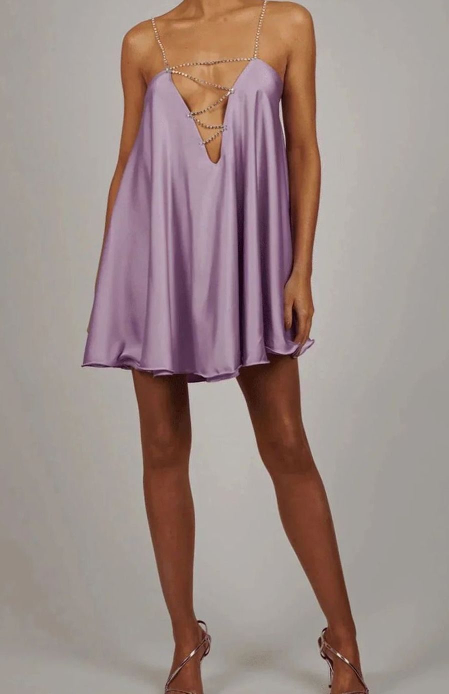 Women's Flowy Satin Mini Cocktail Dress Rhinestone Chain Straps