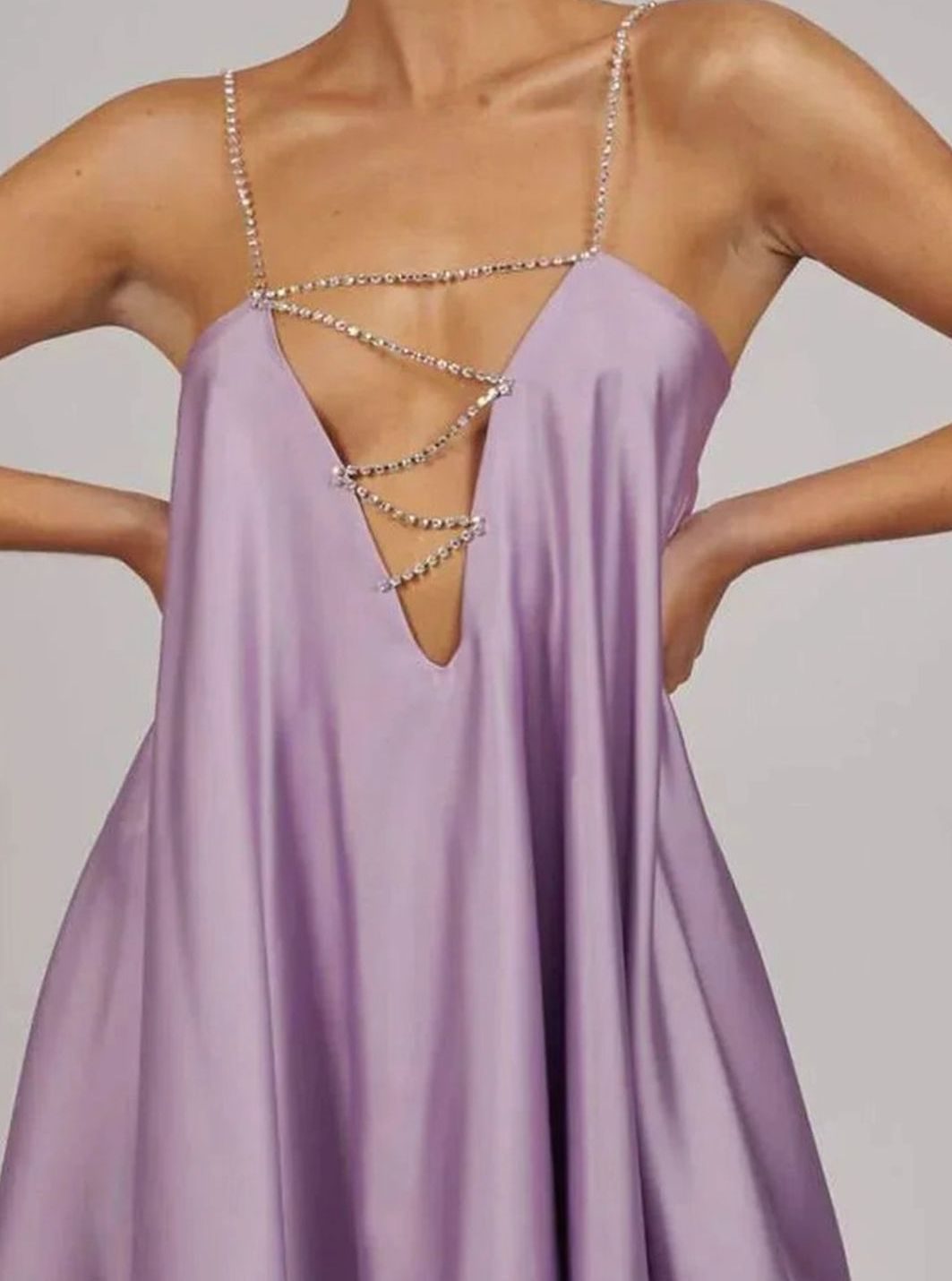 Women's Flowy Satin Mini Cocktail Dress Rhinestone Chain Straps