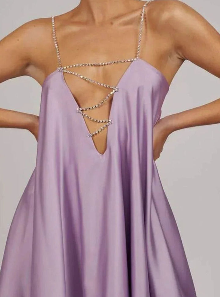 Women's Flowy Satin Mini Cocktail Dress Rhinestone Chain Straps