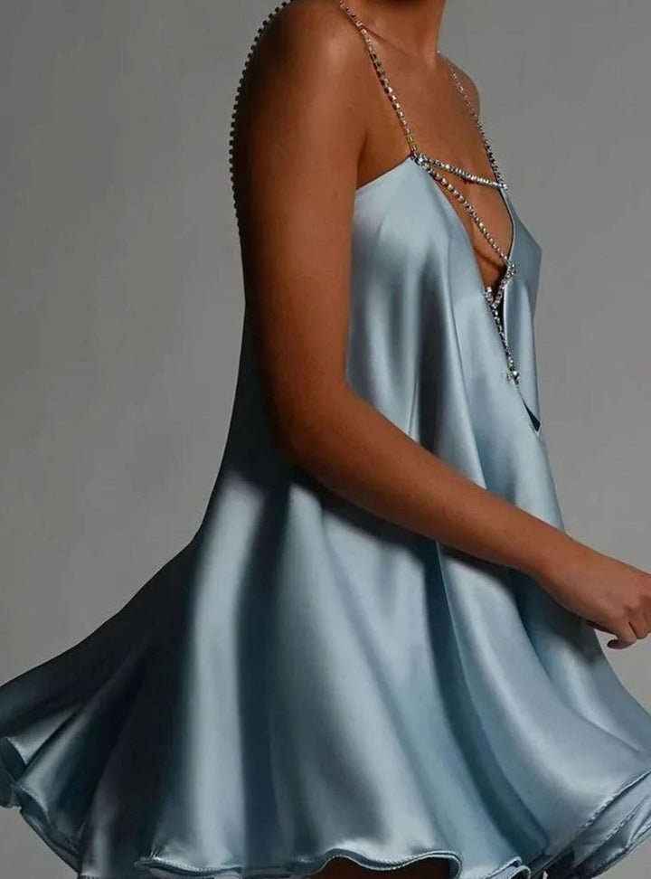 Women's Flowy Satin Mini Cocktail Dress Rhinestone Chain Straps - Blue