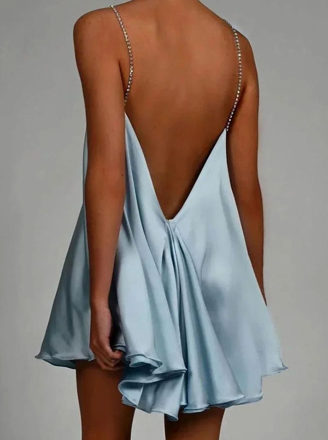 Women's Flowy Satin Mini Cocktail Dress Rhinestone Chain Straps