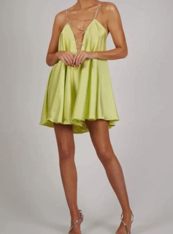 Women's Flowy Satin Mini Cocktail Dress Rhinestone Chain Straps
