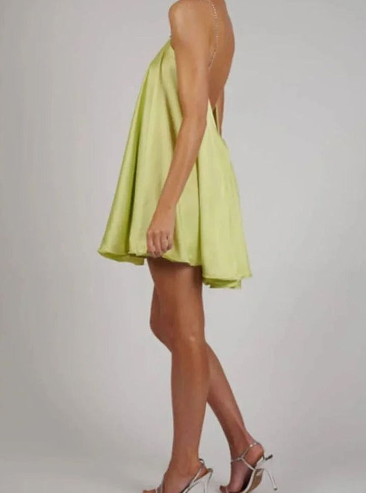 Women's Flowy Satin Mini Cocktail Dress Rhinestone Chain Straps