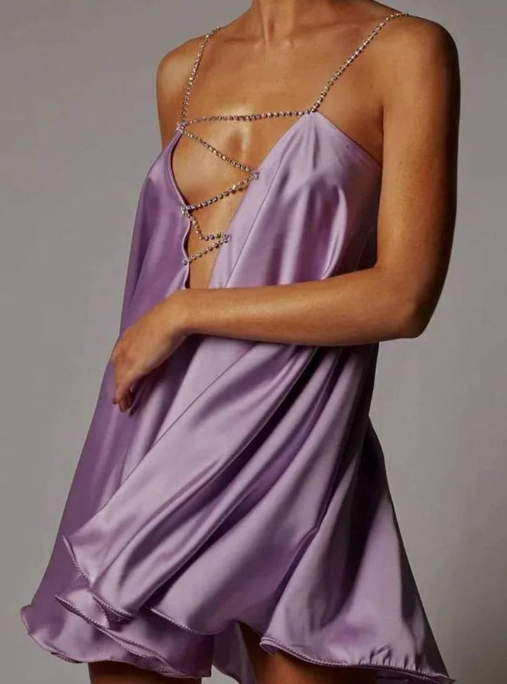 Women's Flowy Satin Mini Cocktail Dress Rhinestone Chain Straps - Purple