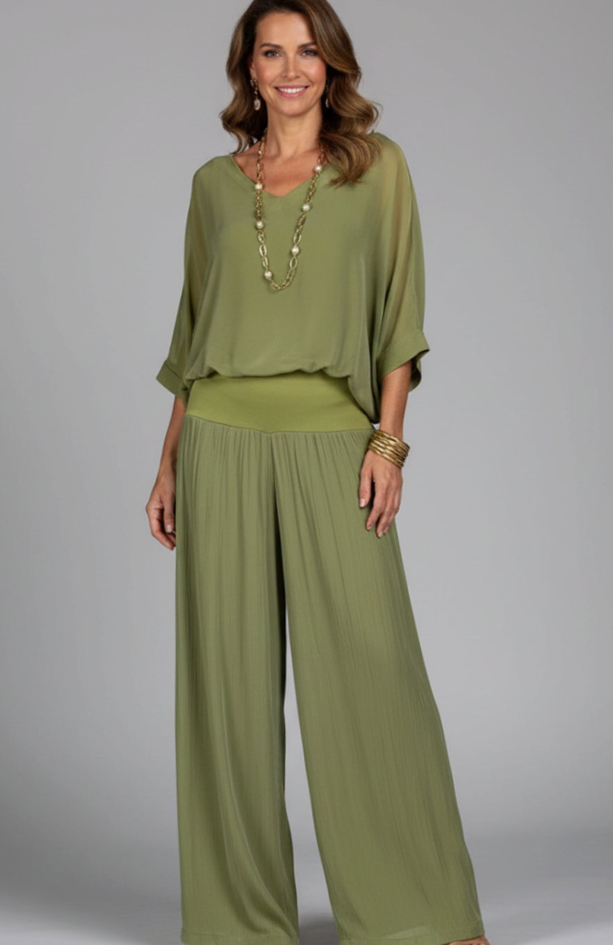 Women's Flowy Wide-Leg Two-Piece Blouson Top Palazzo Set - Green