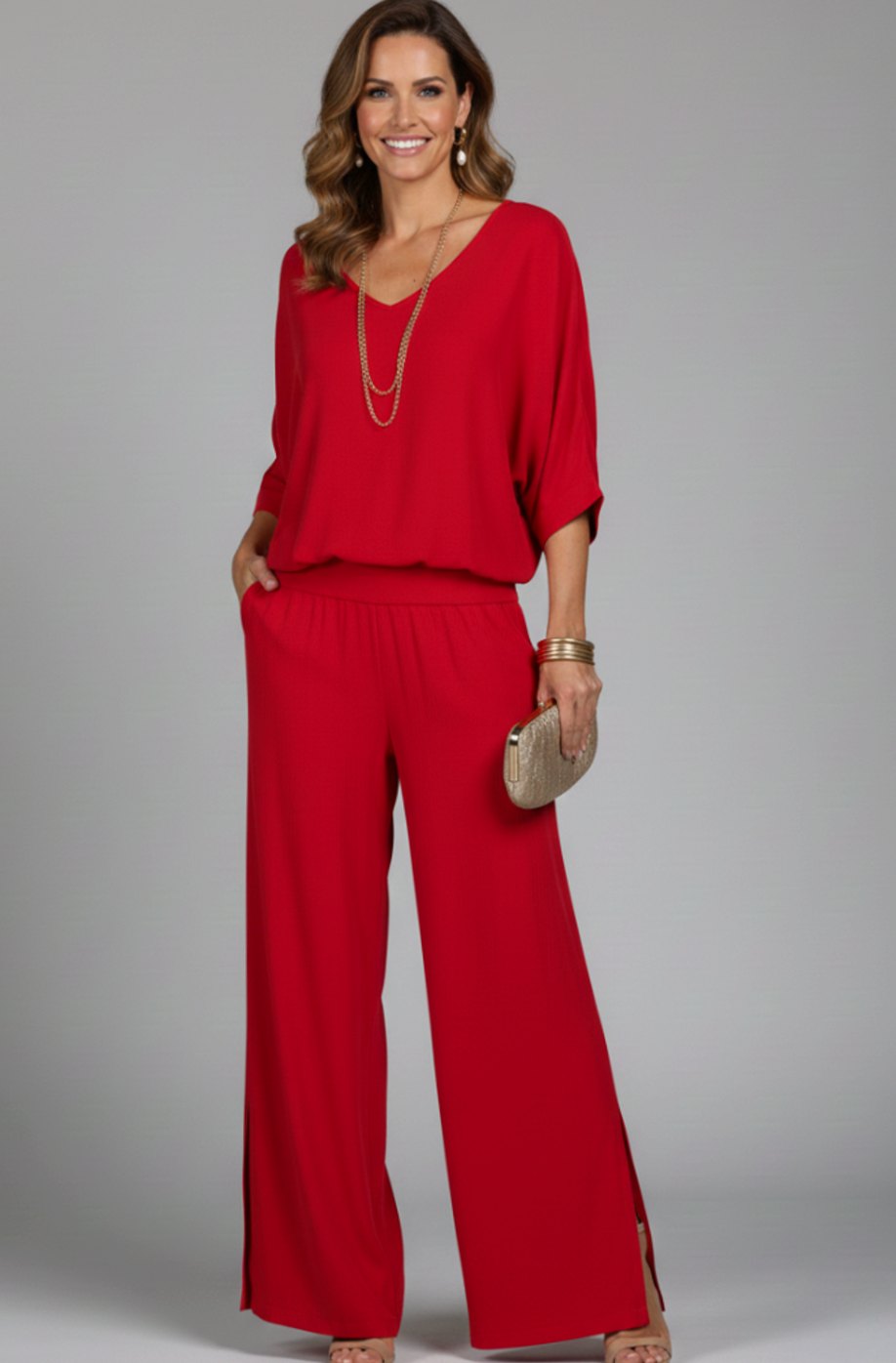 Women's Flowy Wide-Leg Two-Piece Blouson Top Palazzo Set - Red