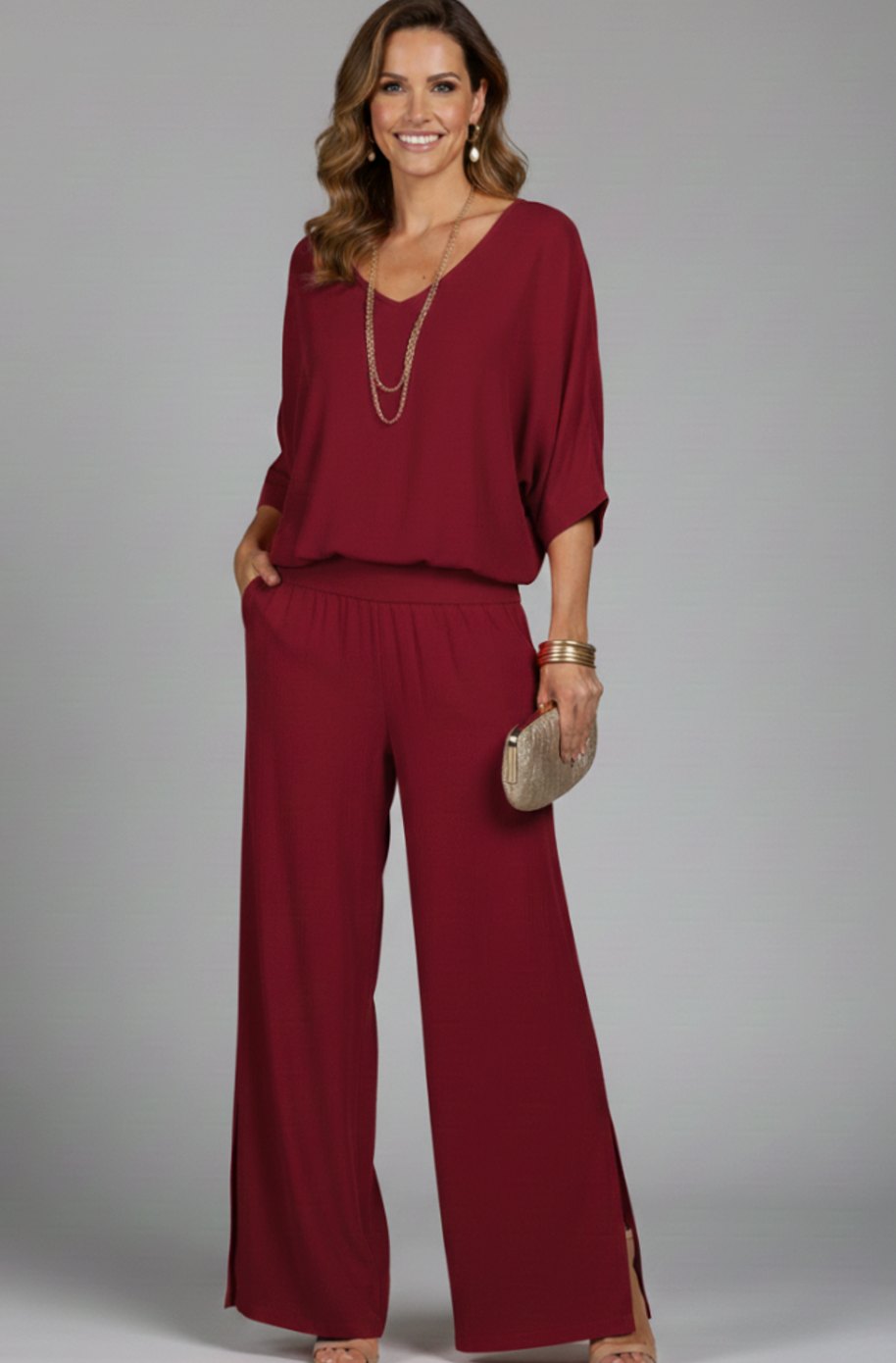 Women's Flowy Wide-Leg Two-Piece Blouson Top Palazzo Set - Burgundy