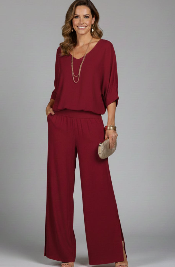 Women's Flowy Wide-Leg Two-Piece Blouson Top Palazzo Set - Burgundy