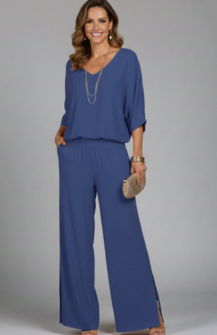 Women's Flowy Wide-Leg Two-Piece Blouson Top Palazzo Set - Blue