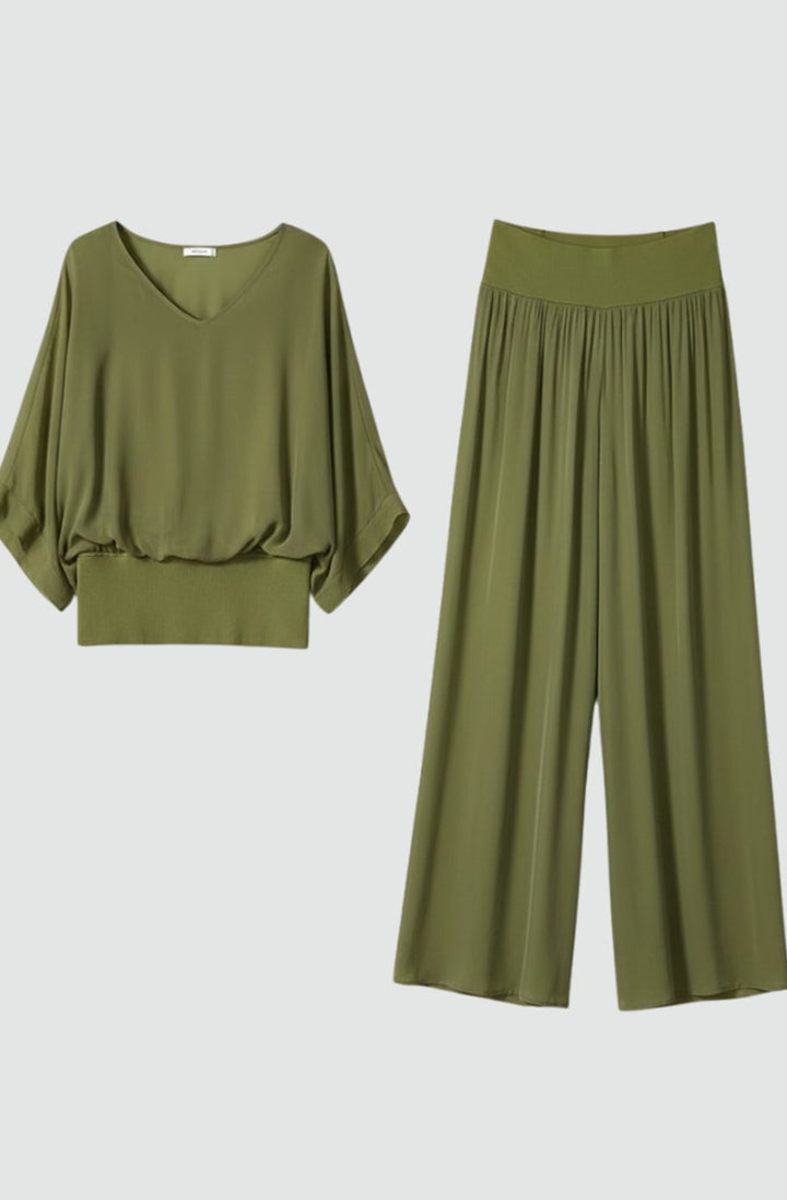 Women's Flowy Wide-Leg Two-Piece Blouson Top Palazzo Set