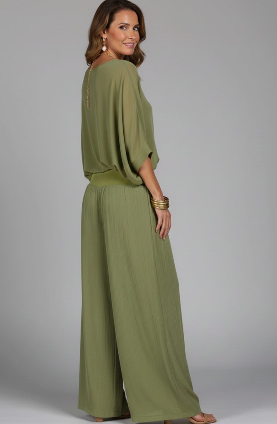 Women's Flowy Wide-Leg Two-Piece Blouson Top Palazzo Set