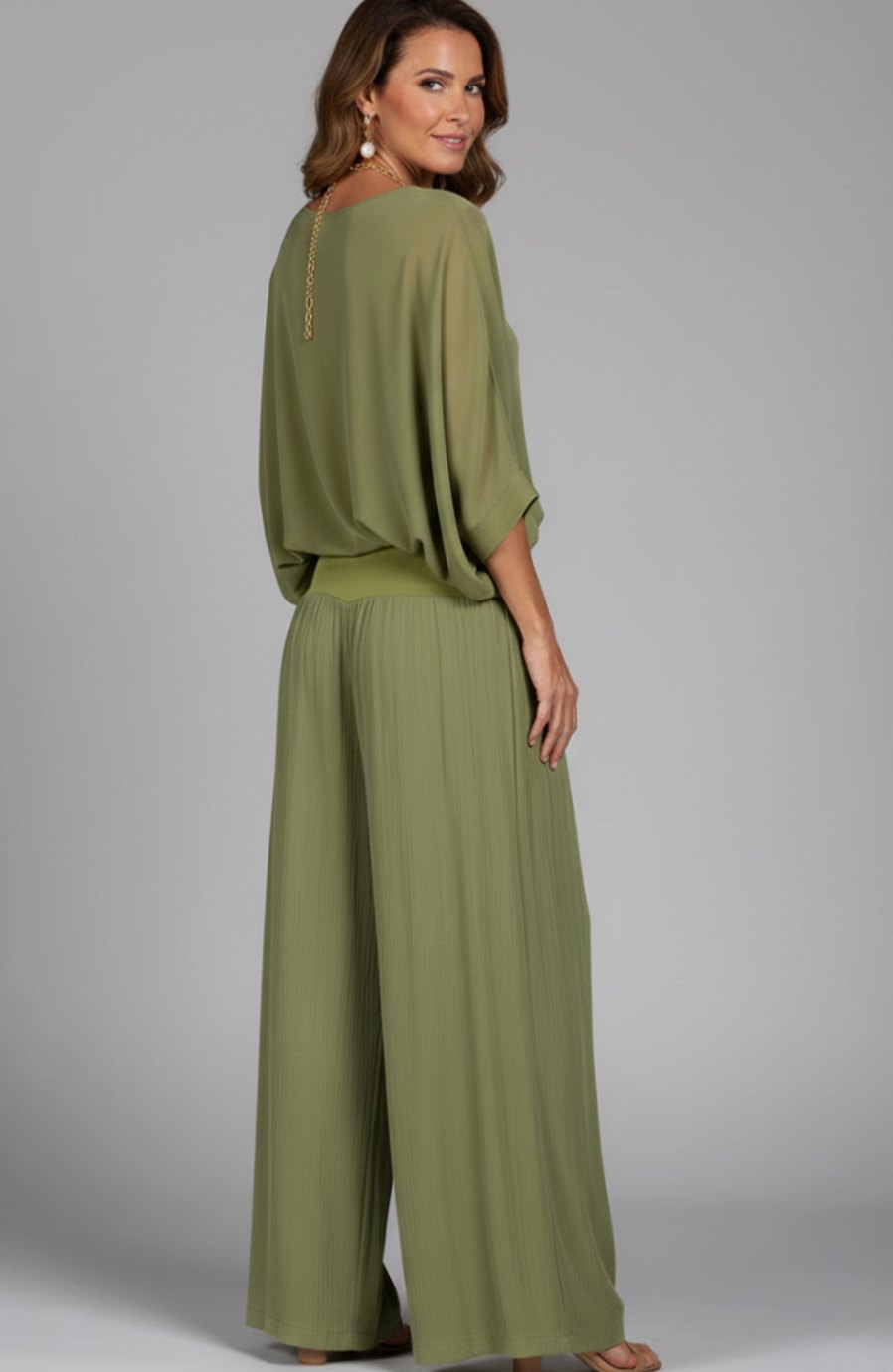 Women's Flowy Wide-Leg Two-Piece Blouson Top Palazzo Set
