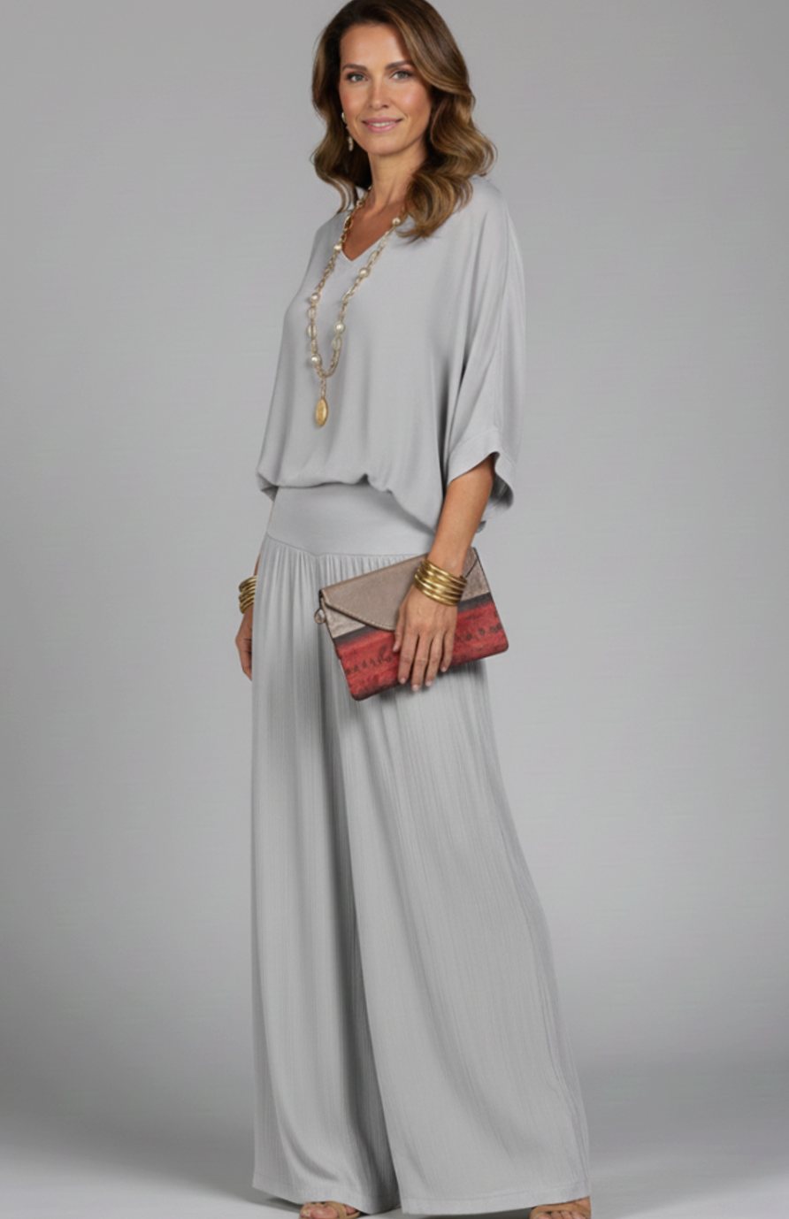 Women's Flowy Wide-Leg Two-Piece Blouson Top Palazzo Set - Gray