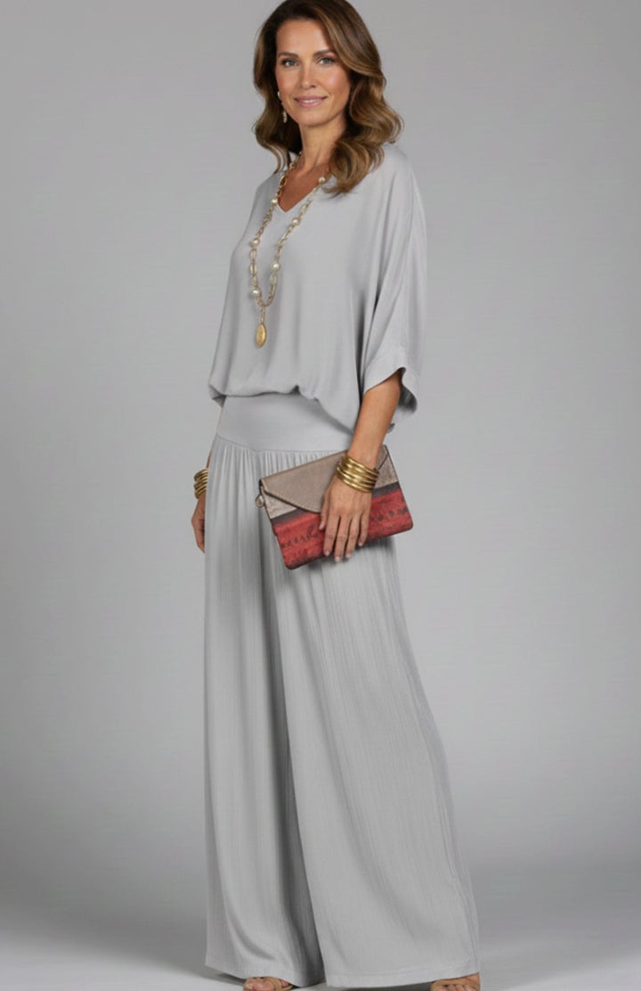 Women's Flowy Wide-Leg Two-Piece Blouson Top Palazzo Set - Gray