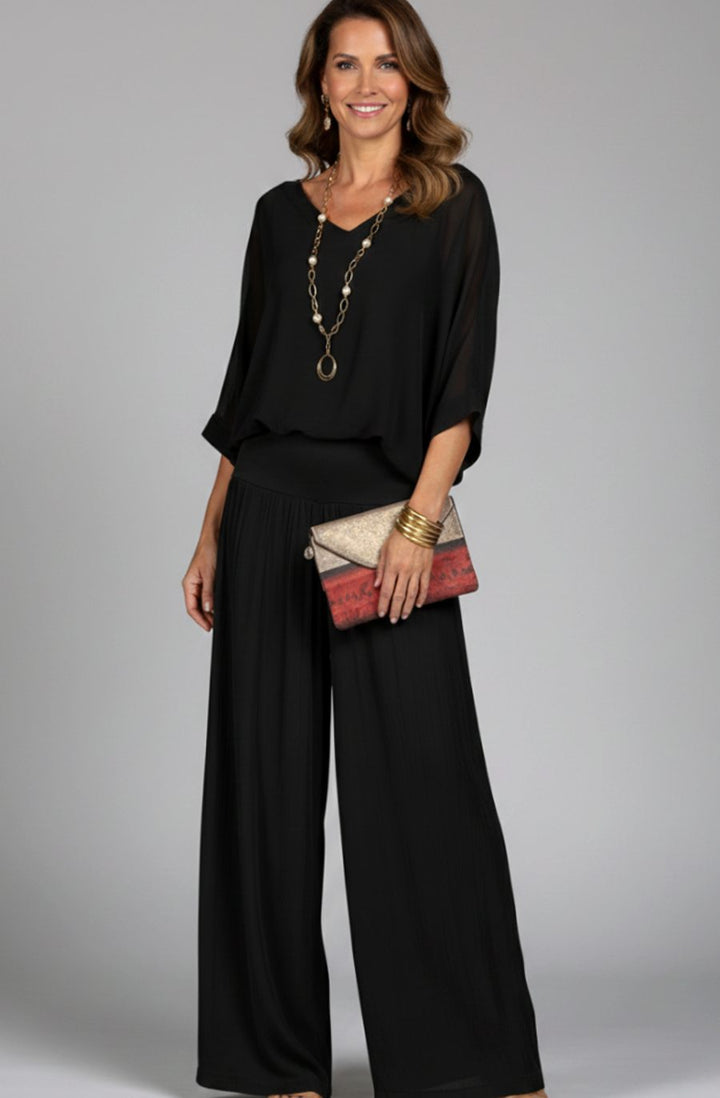 Women's Flowy Wide-Leg Two-Piece Blouson Top Palazzo Set - Black