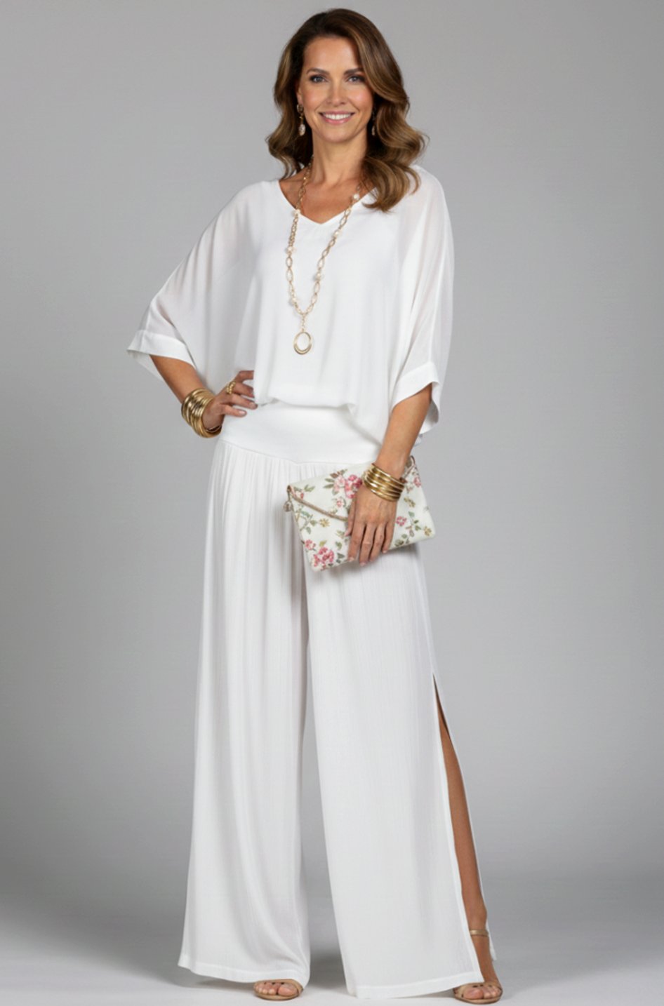 Women's Flowy Wide-Leg Two-Piece Blouson Top Palazzo Set - White