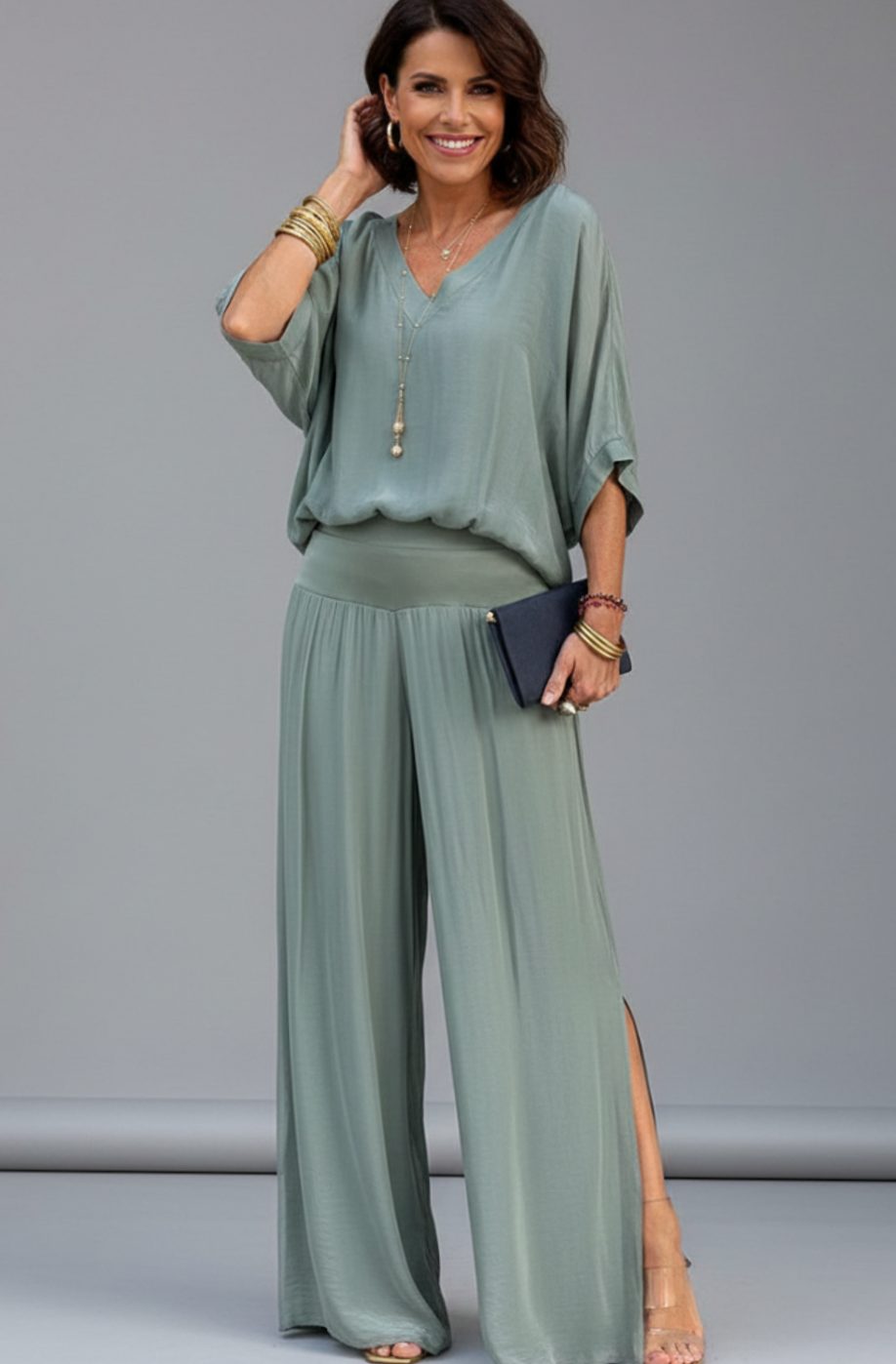 Women's Flowy Wide-Leg Two-Piece Blouson Top Palazzo Set - Light Green