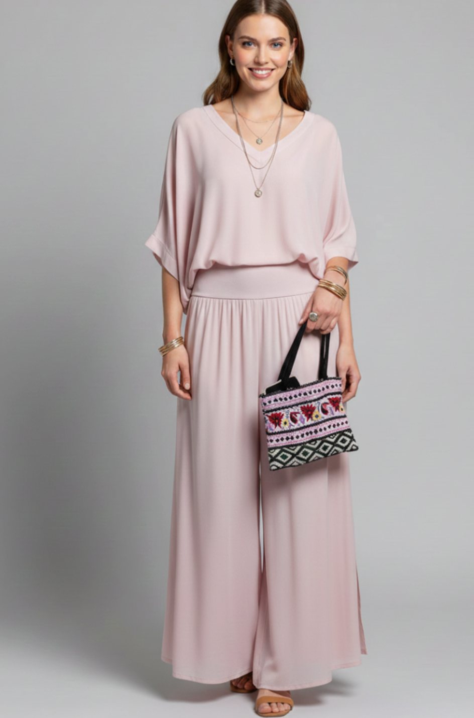 Women's Flowy Wide-Leg Two-Piece Blouson Top Palazzo Set - Pink