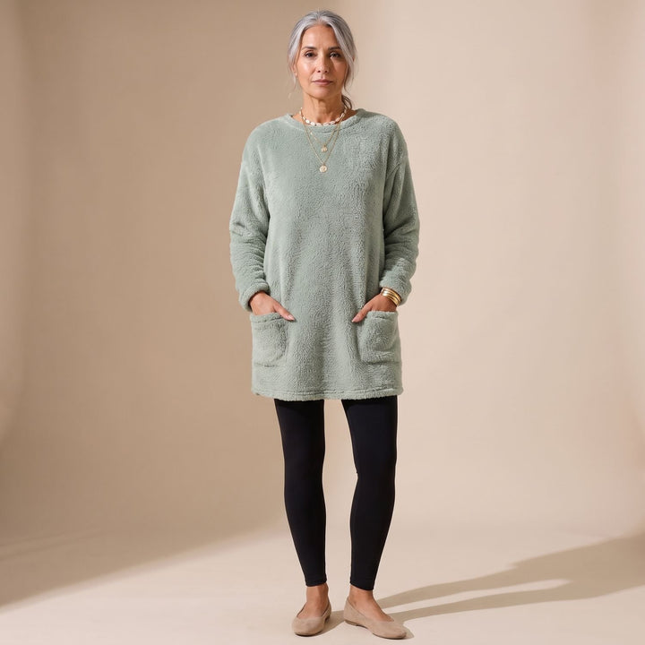 Women's Fluffy Sherpa Long-Sleeve Tunic Dress with Pockets