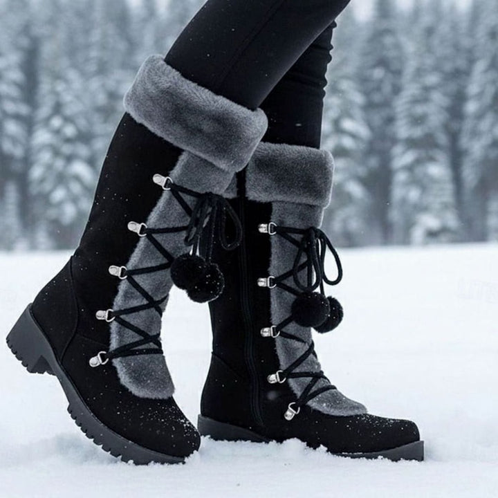 Women's Foldover Fur-Trimmed Lace-Up Pom-Pom Mid-Calf Snow Boots - Black