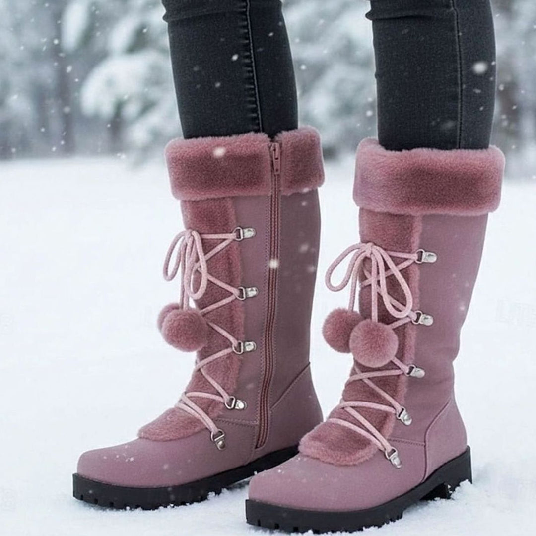 Women's Foldover Fur-Trimmed Lace-Up Pom-Pom Mid-Calf Snow Boots - Purple