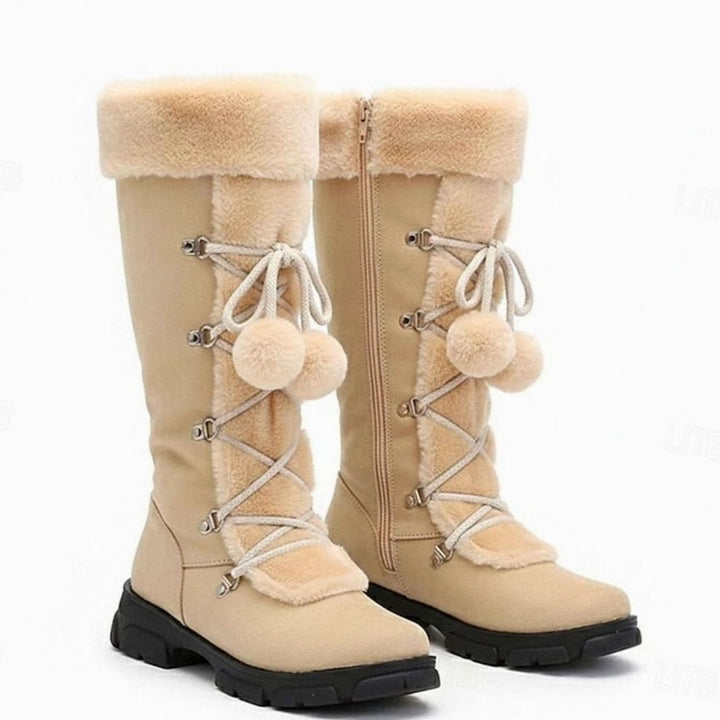 Women's Foldover Fur-Trimmed Lace-Up Pom-Pom Mid-Calf Snow Boots - Beige