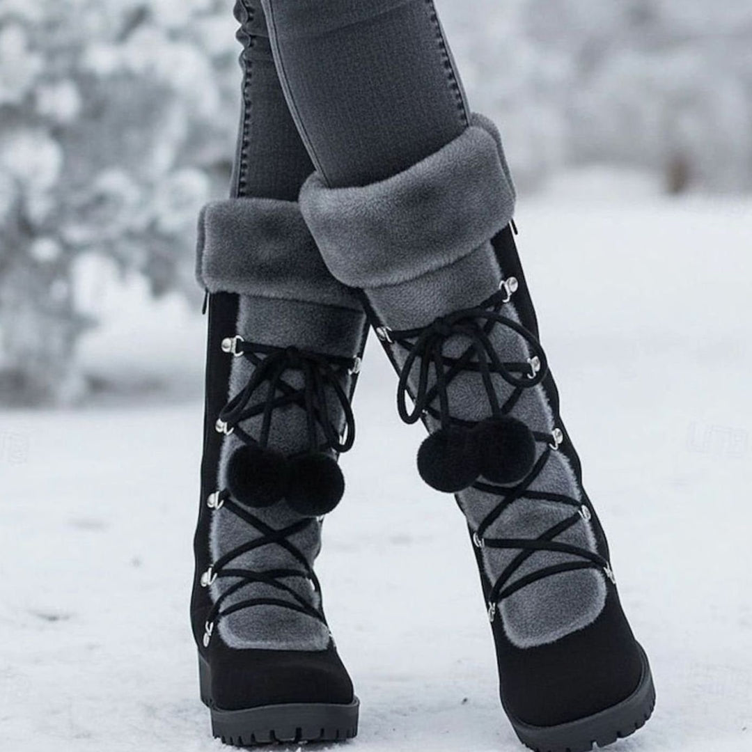 Women's Foldover Fur-Trimmed Lace-Up Pom-Pom Mid-Calf Snow Boots