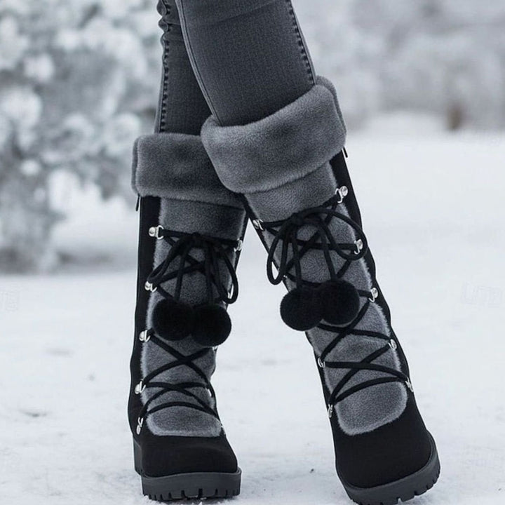 Women's Foldover Fur-Trimmed Lace-Up Pom-Pom Mid-Calf Snow Boots