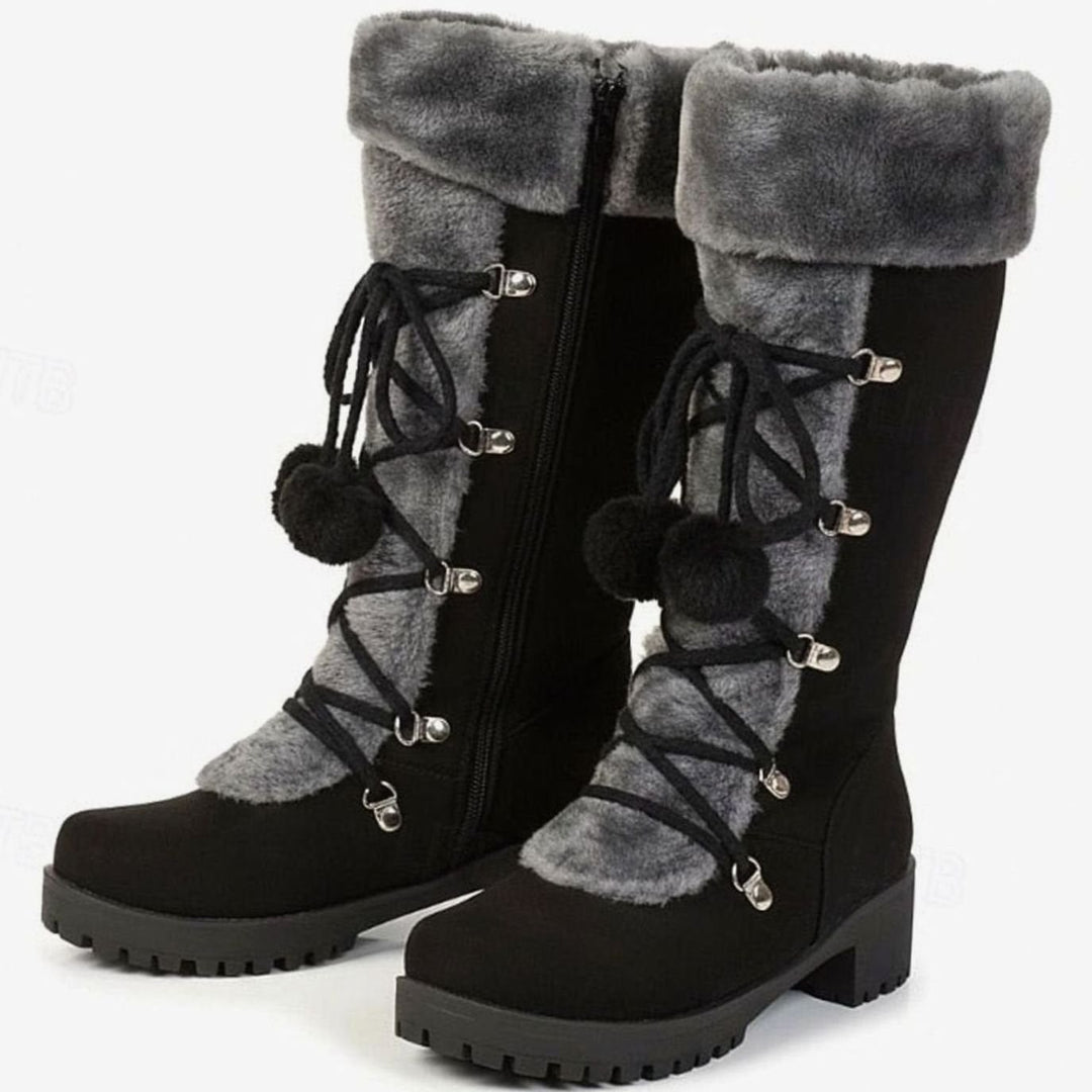 Women's Foldover Fur-Trimmed Lace-Up Pom-Pom Mid-Calf Snow Boots