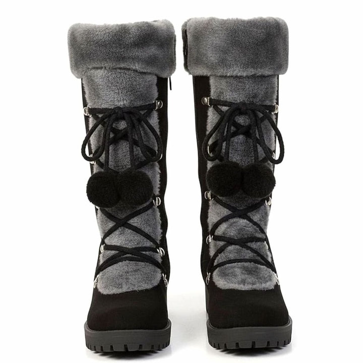 Women's Foldover Fur-Trimmed Lace-Up Pom-Pom Mid-Calf Snow Boots