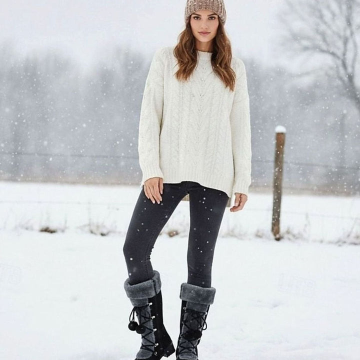Women's Foldover Fur-Trimmed Lace-Up Pom-Pom Mid-Calf Snow Boots