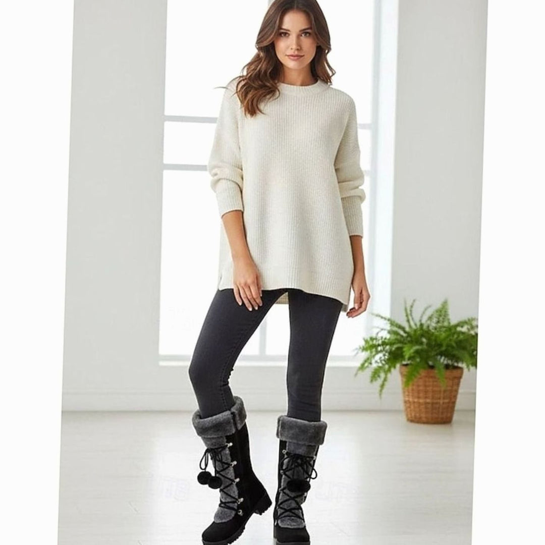 Women's Foldover Fur-Trimmed Lace-Up Pom-Pom Mid-Calf Snow Boots