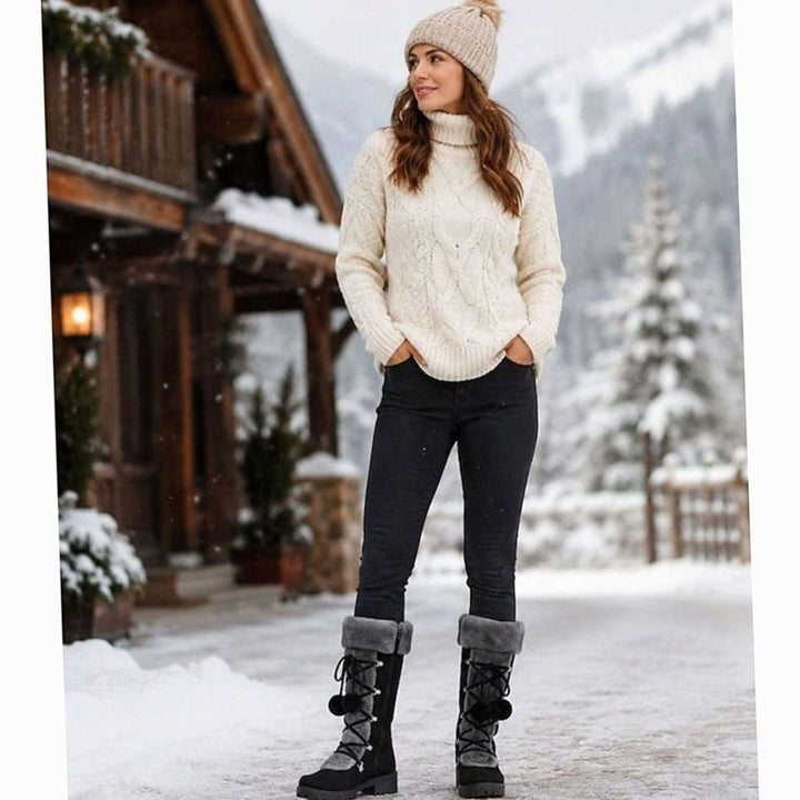 Women's Foldover Fur-Trimmed Lace-Up Pom-Pom Mid-Calf Snow Boots