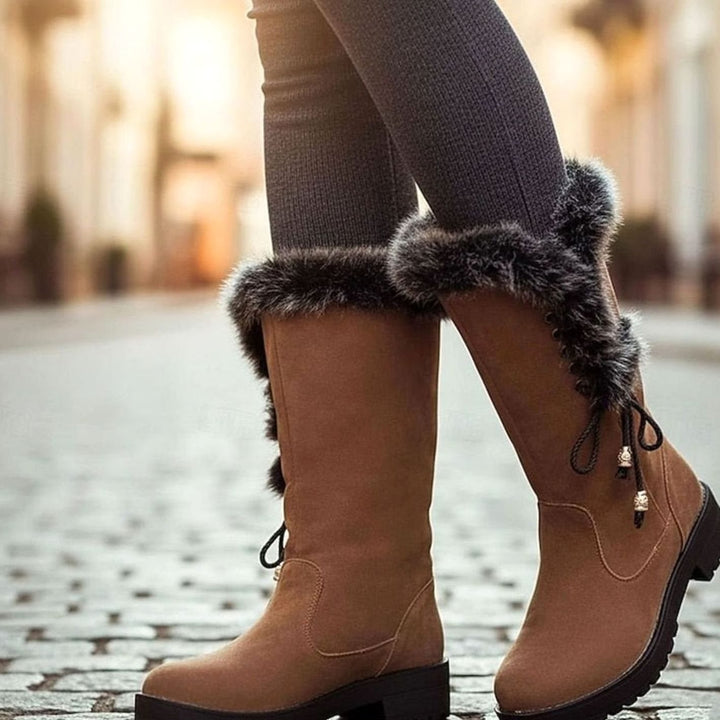 Women's Fur-Trimmed Knee-High Winter Snow Boots Low Block Heel - Yellow