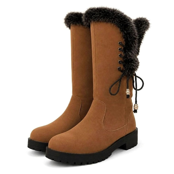 Women's Fur-Trimmed Knee-High Winter Snow Boots Low Block Heel