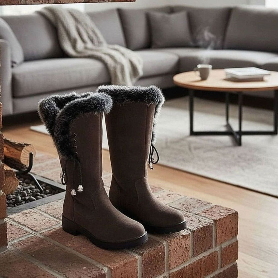 Women's Fur-Trimmed Knee-High Winter Snow Boots Low Block Heel - Dark Brown