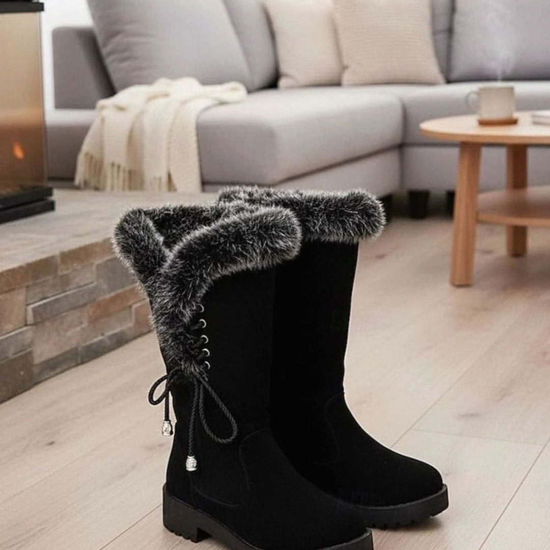 Women's Fur-Trimmed Knee-High Winter Snow Boots Low Block Heel - Black