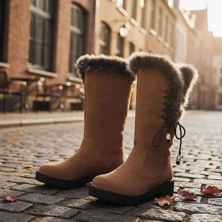 Women's Fur-Trimmed Knee-High Winter Snow Boots Low Block Heel