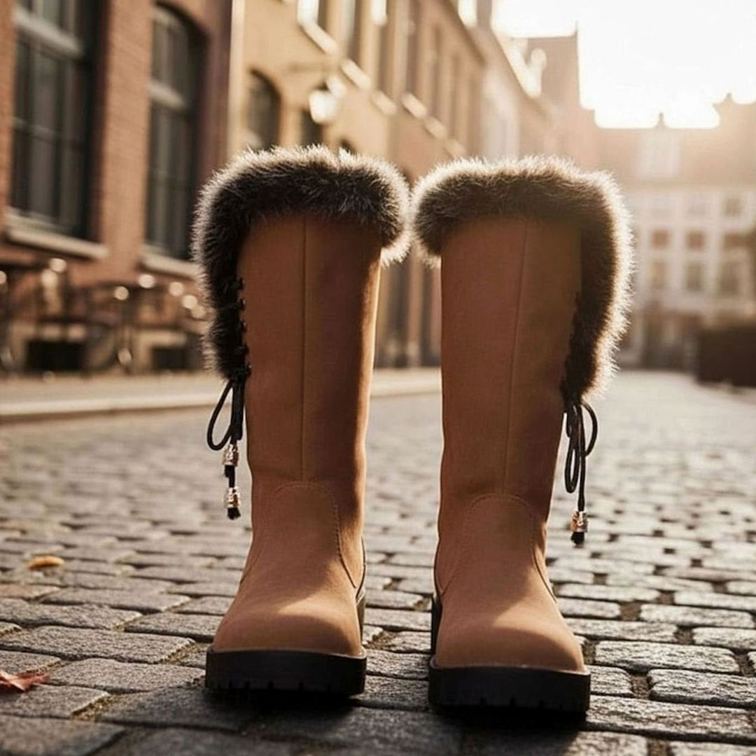 Women's Fur-Trimmed Knee-High Winter Snow Boots Low Block Heel