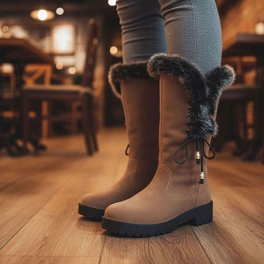 Women's Fur-Trimmed Knee-High Winter Snow Boots Low Block Heel