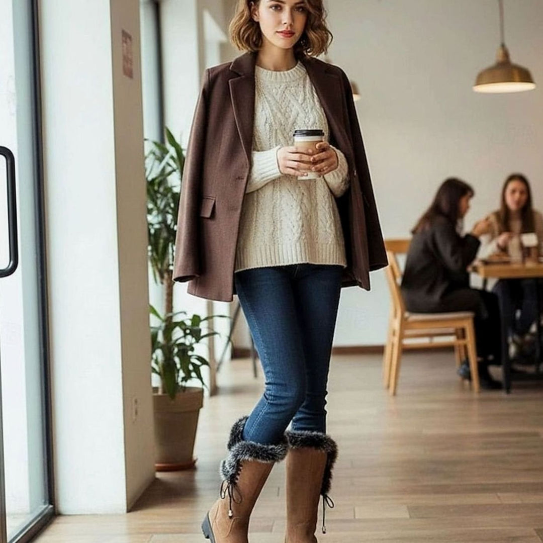 Women's Fur-Trimmed Knee-High Winter Snow Boots Low Block Heel