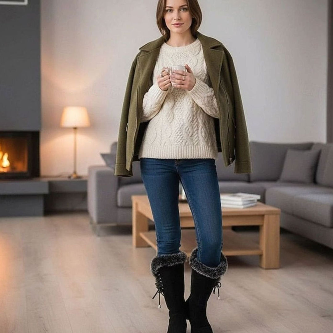 Women's Fur-Trimmed Knee-High Winter Snow Boots Low Block Heel
