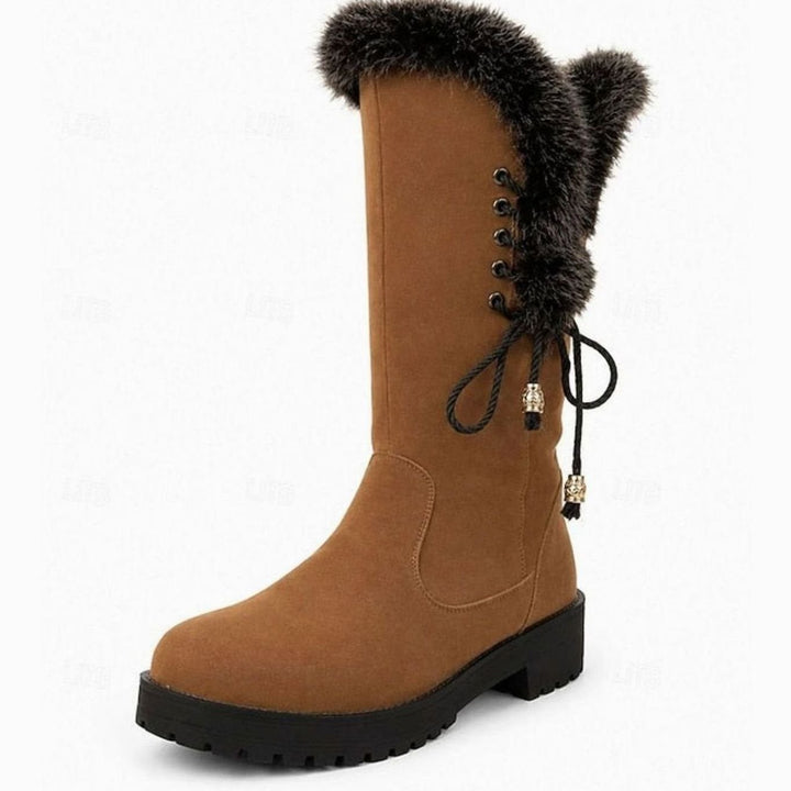 Women's Fur-Trimmed Knee-High Winter Snow Boots Low Block Heel