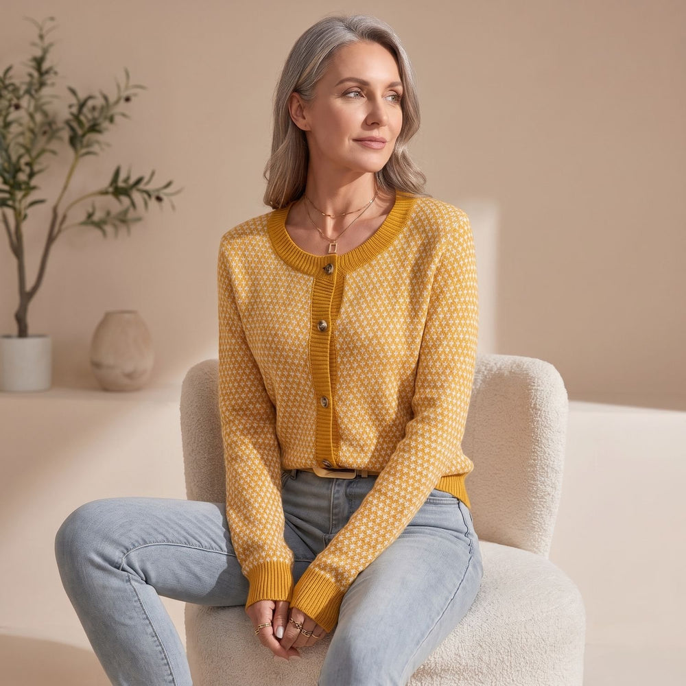 Women's Geometric Print Button-Front Fitted Cardigan Sweater - Yellow