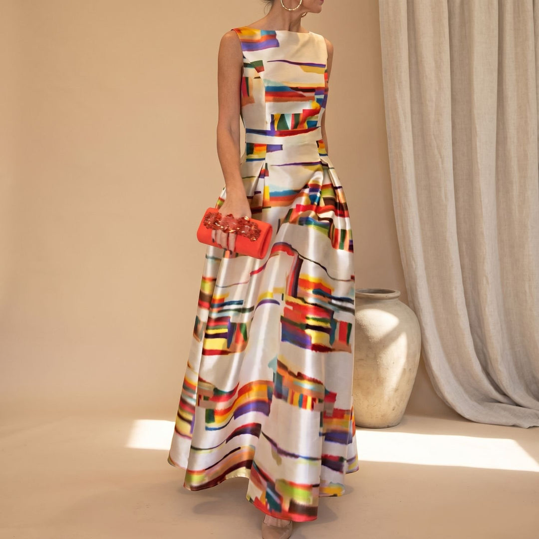 Women's Geometric Print Sleeveless A-Line Maxi Dress - Champagne