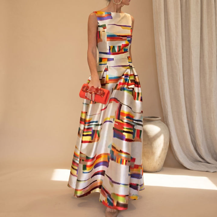 Women's Geometric Print Sleeveless A-Line Maxi Dress - Champagne